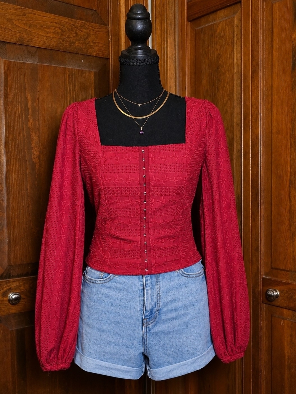Altar'd State Red Square-Neck Button-Front Peasant Top - Picture 2 of 4
